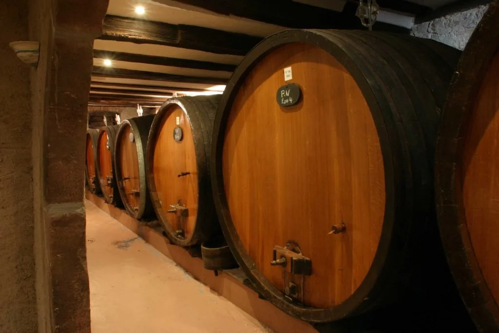 Rij grote wijnvaten in een wijnkelder bij het chateau van Ruhlmann-Schutz