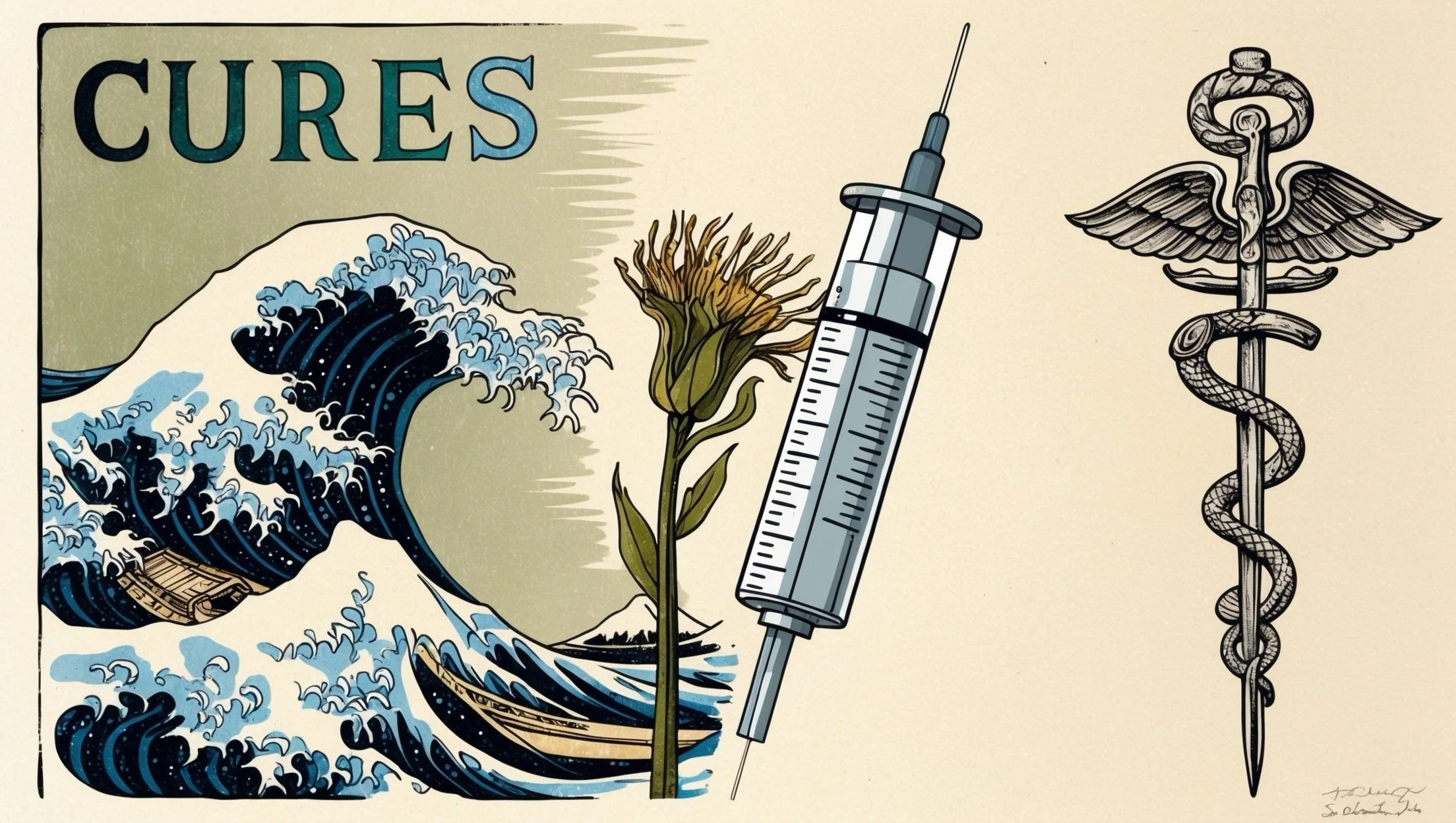 A collage featuring the word 'CURES', a stylized wave and boat illustration, a flower, a large syringe, and a caduceus symbol with a snake wrapped around a staff topped with wings.