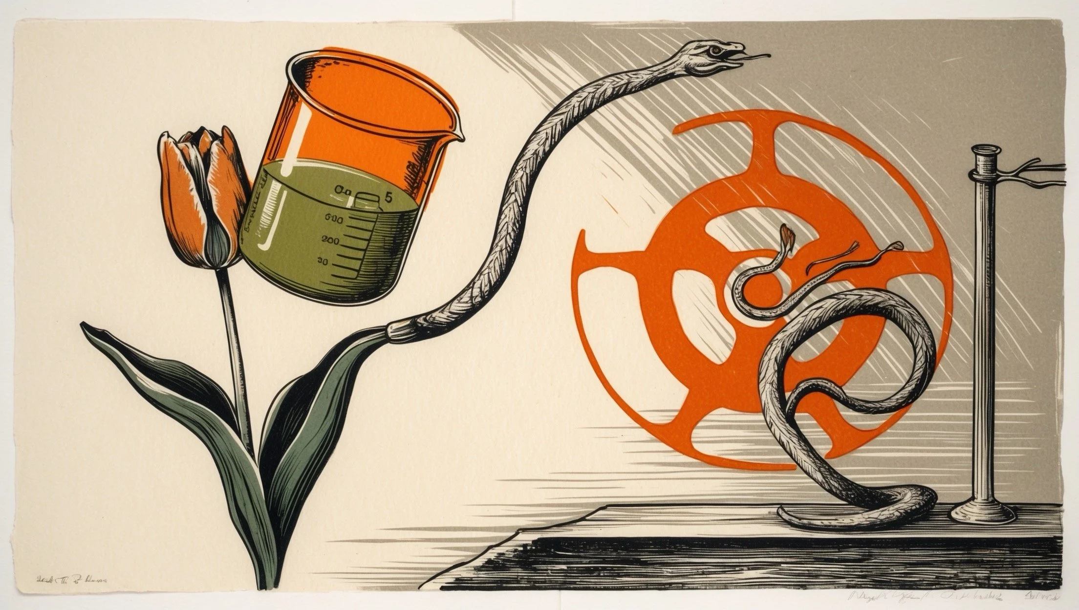 A surreal illustration combining a tulip, a beaker with green liquid, a snake, and mechanical parts including a gear and a stand, creating a conceptual artwork.
