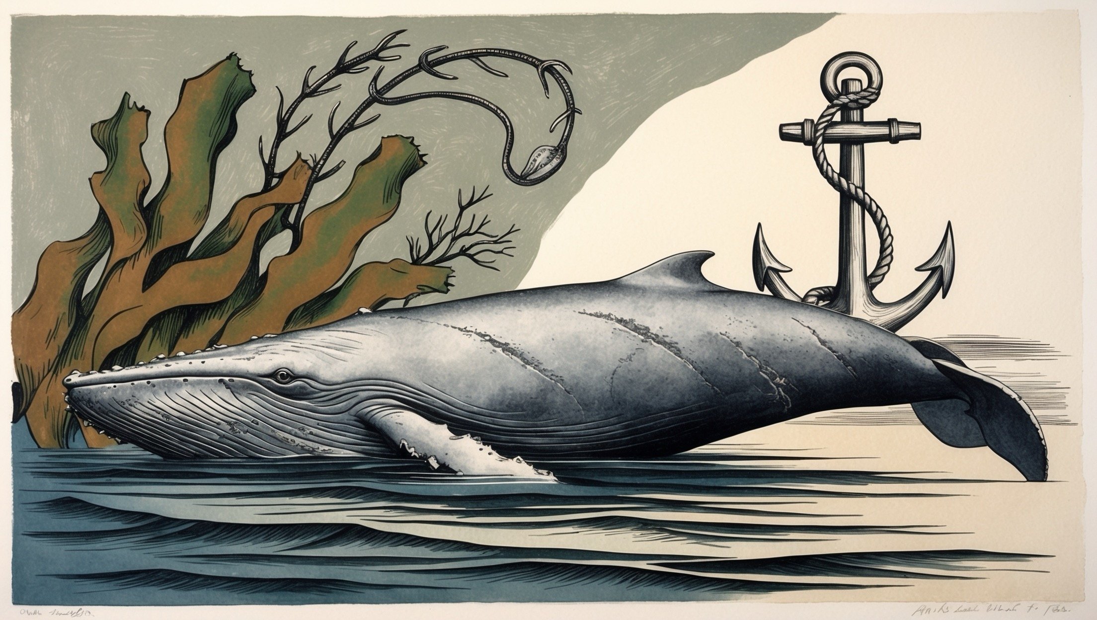 A stylized drawing of a whale resting on water near an anchor with a rope, surrounded by seaweed, with a fish swimming above the whale.
