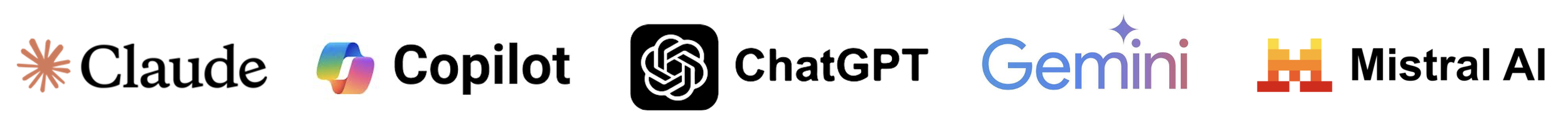 Logos of Claude, Copilot, ChatGPT, Gemini, and Mistral AI