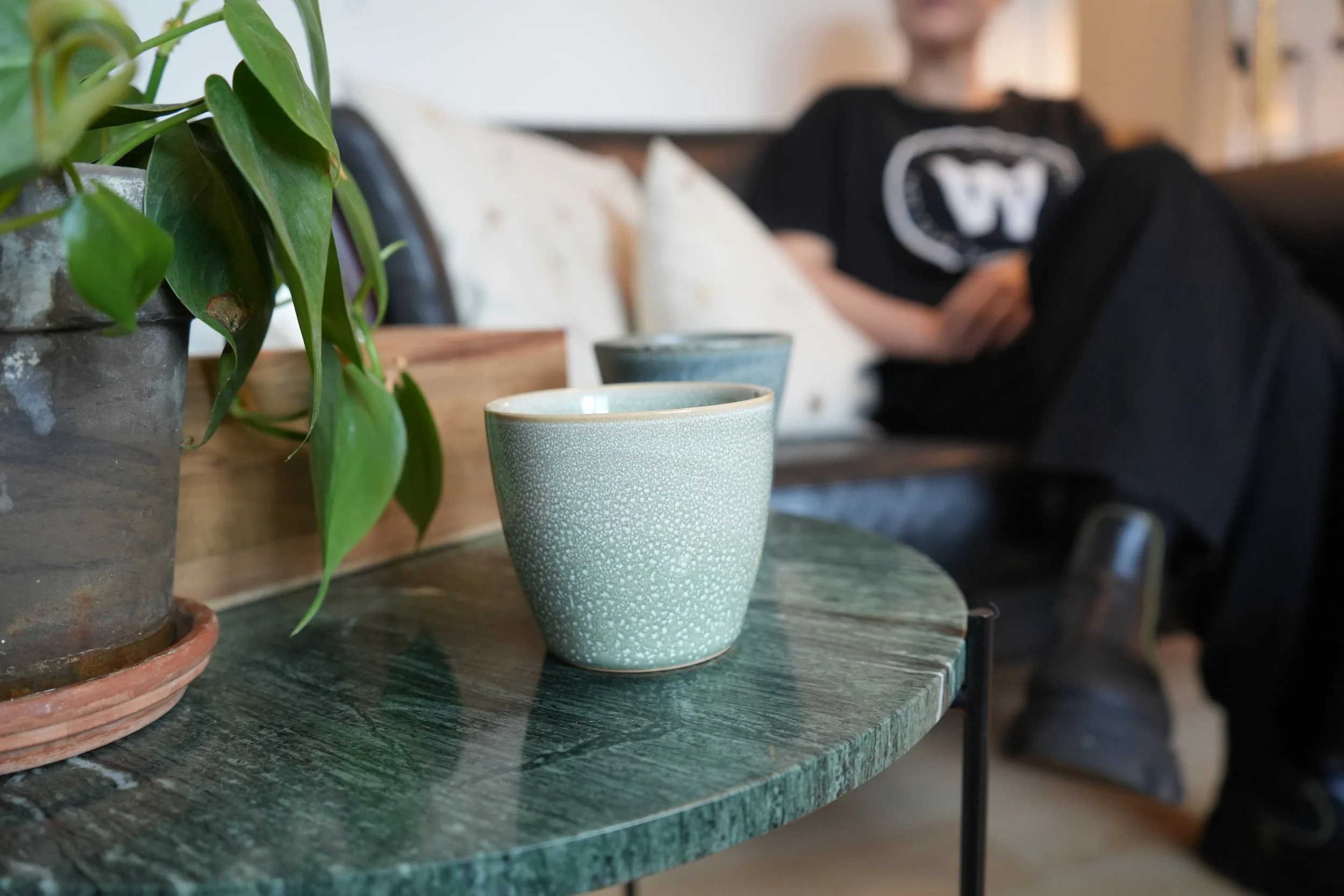 Kvinde sidder i sofa i terapi. Der er to kopper på bordet, en trææske og en plante.