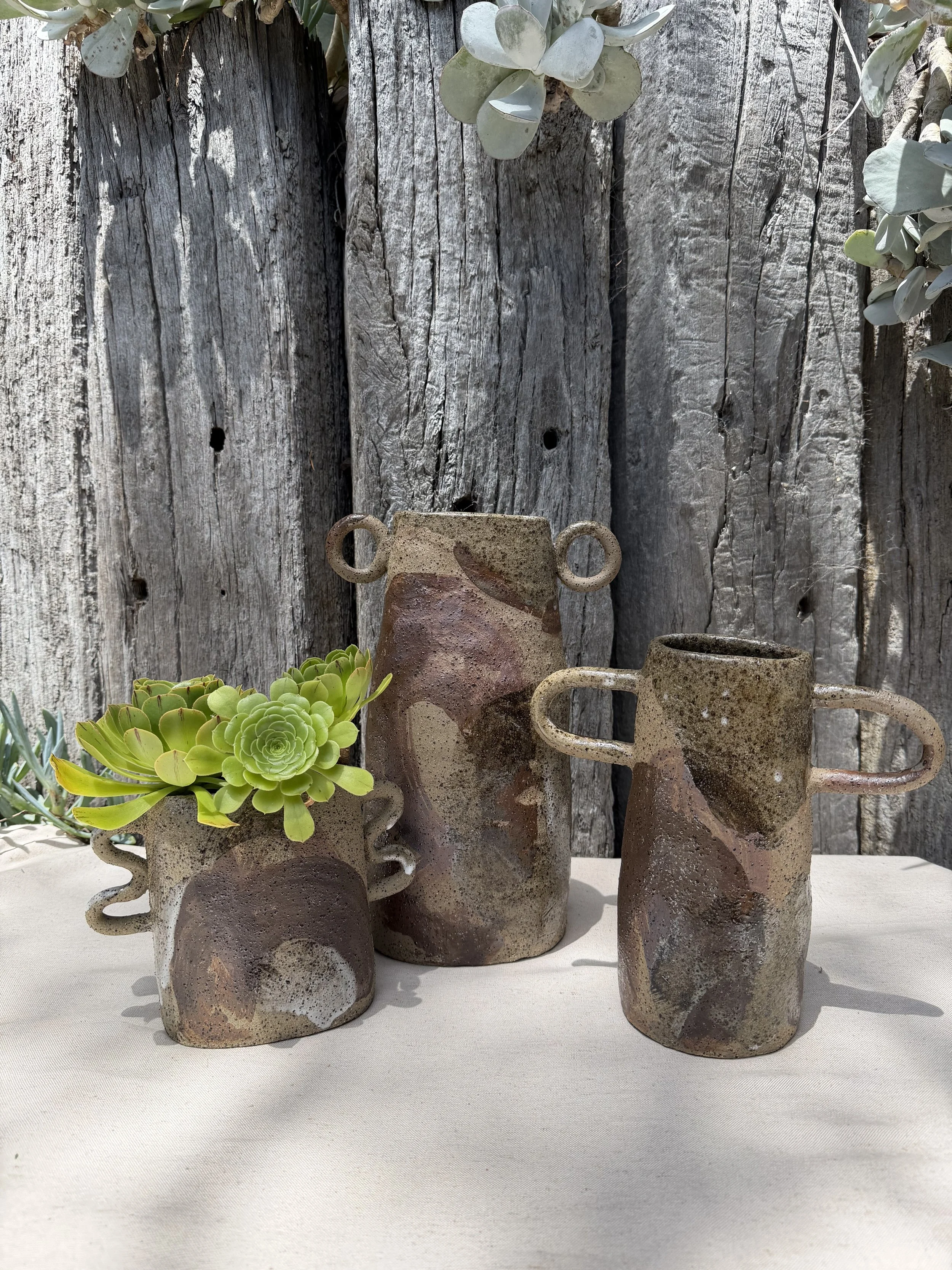 Three rustic ceramic vases with a green succulent plant in the smallest one, set against a weathered wooden fence background.