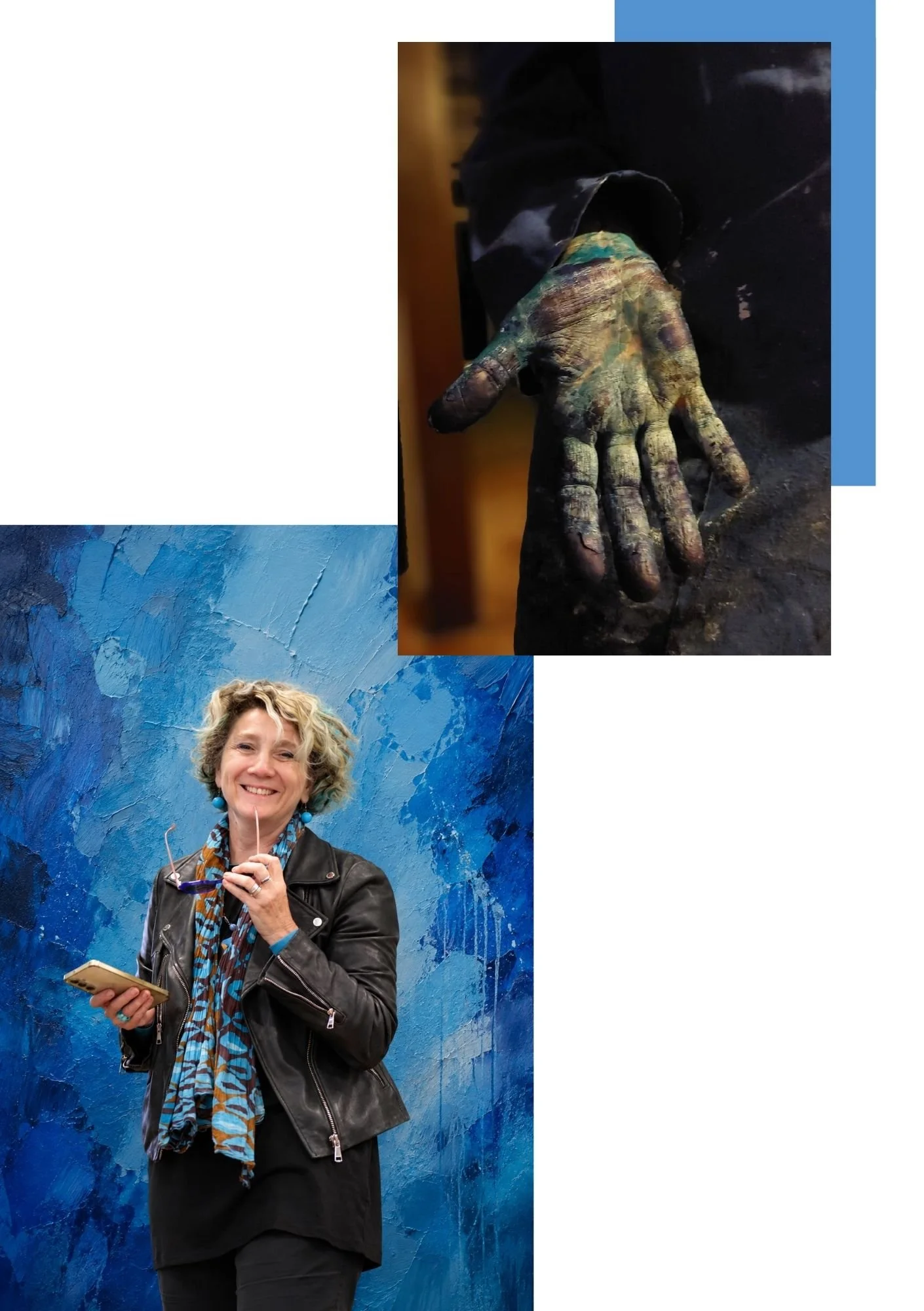 Véronique Gillet-Chevais souriante avec des cheveux bouclés, portant un blouson en cuir et un foulard, se tient devant un mur bleu texturé bleu.