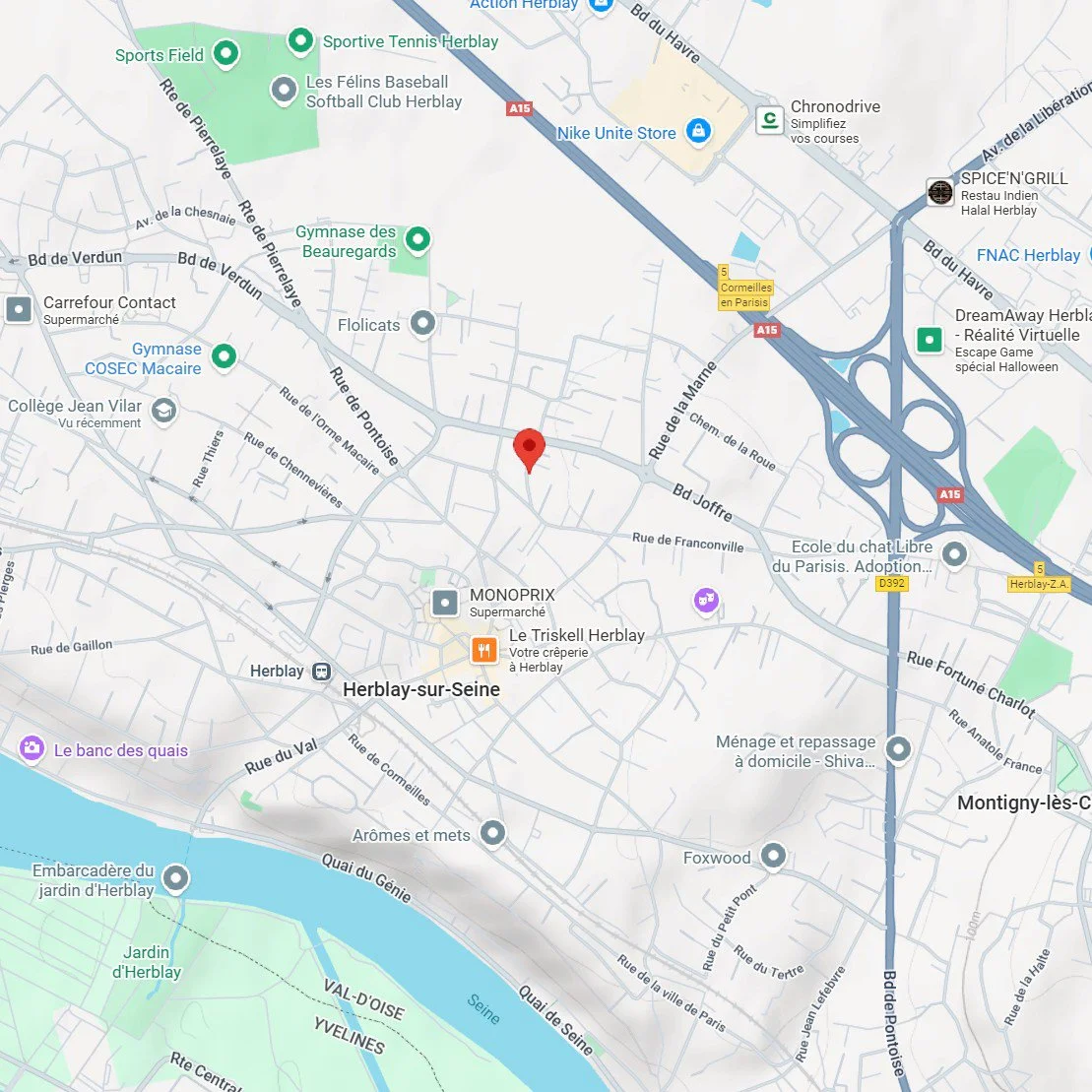 Carte de la ville d'Herblay-sur-Seine avec routes, centres commerciaux, écoles, terrains sportifs, restaurants, et points d'intérêt locaux.
