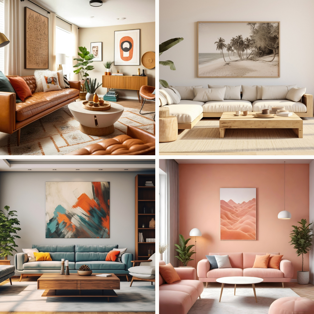 Quatre salons modernes, chacun avec un style distinct, pour un intérieur élégant et coloré.