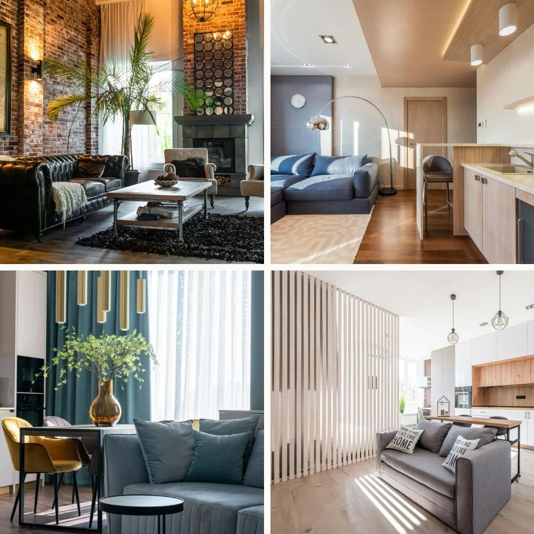 Quatre intérieurs de salons modernes avec différents styles. Le premier salon présente un mur en briques apparentes, un canapé en cuir noir, une grande plante, et un feu de cheminée. Le second salon a un style minimaliste avec un canapé gris, un lampadaire en arc, une paroi en bois clair, et une cuisine attenante. Le troisième salon est lumineux avec un canapé gris, des rideaux bleus avec des pendants dorés, une grande vase avec des branches, et une table à manger. Le quatrième salon est moderne avec des murs en bois, un canapé gris, des coussins, une cloison en lamelles de bois séparant les espaces, et une cuisine en arrière-plan.