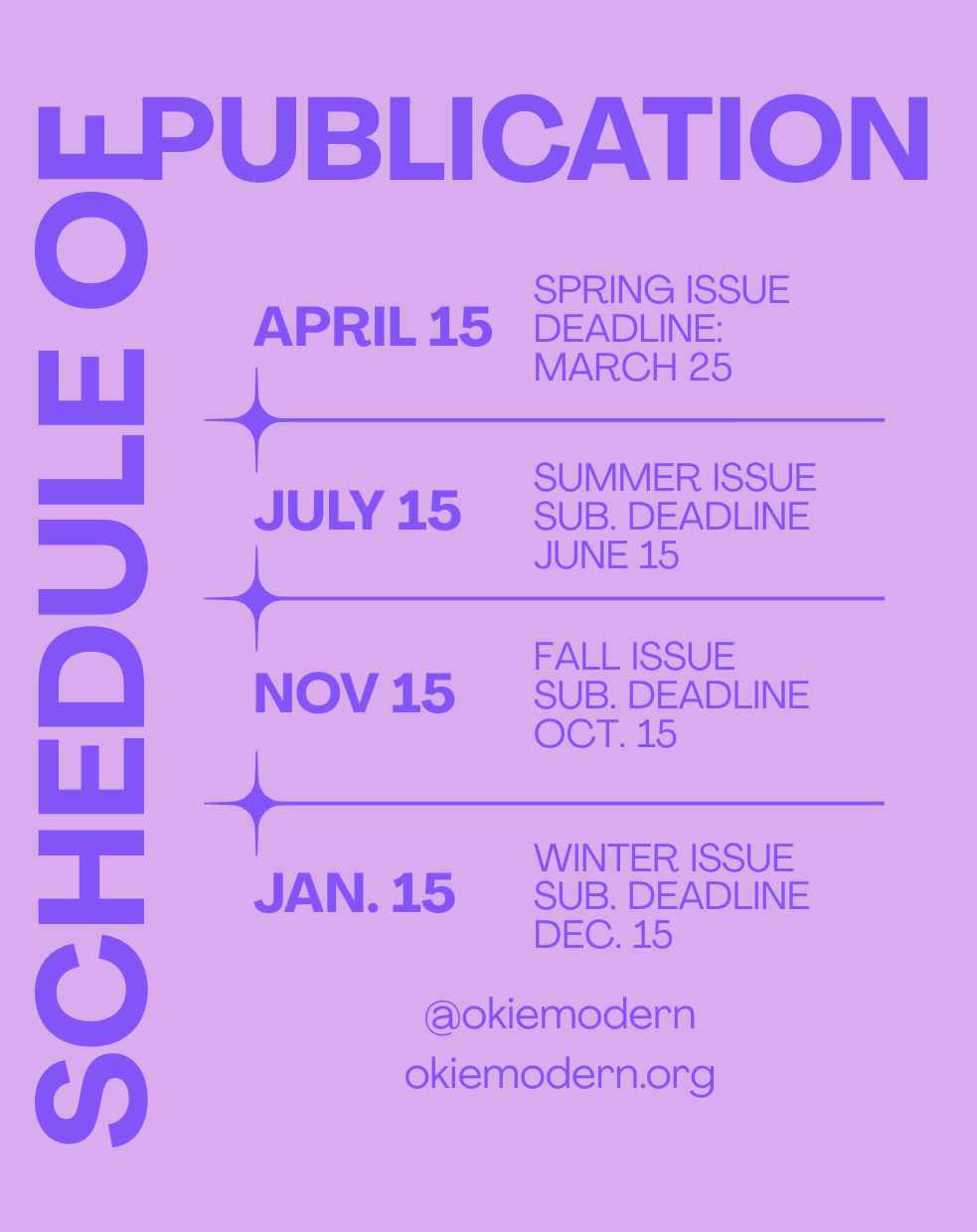Schedule of submission deadlines for a publication, listed by season and date, with Instagram handle and website at the bottom.