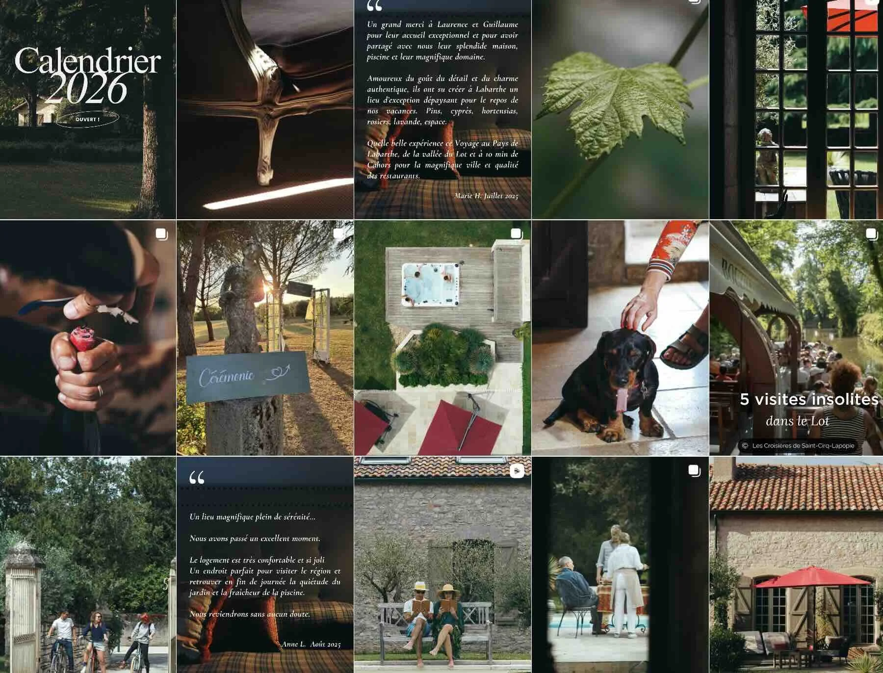 Un collage de plusieurs photos de vacances dans le Lot en France, comprenant des paysages, un chien, des visites de sites, des activités de plein air et des moments de détente.