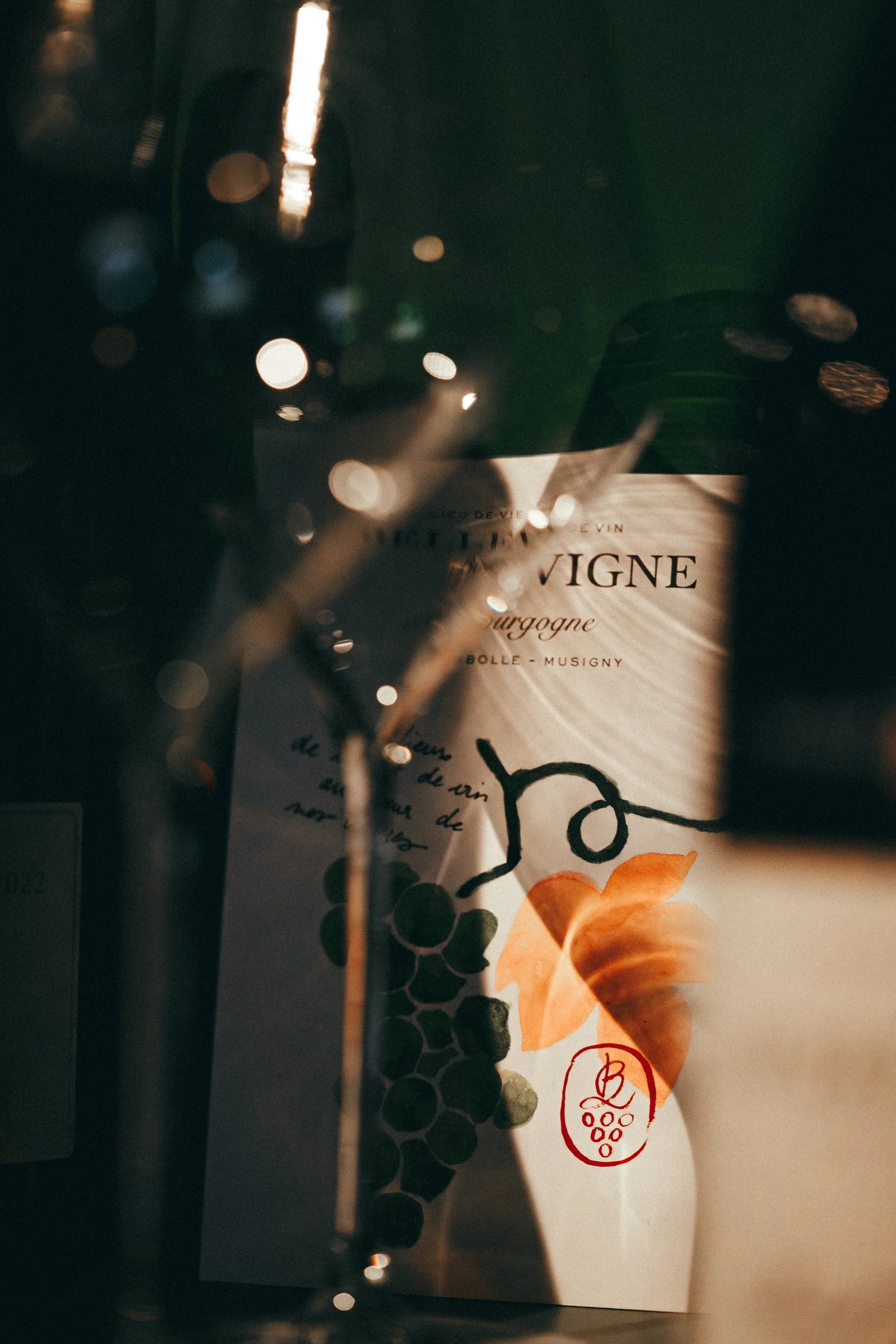 Une bouteille de vin de Bourgogne avec une étiquette illustrée de raisins et de feuilles, partiellement visible à travers une surface reflet-based.