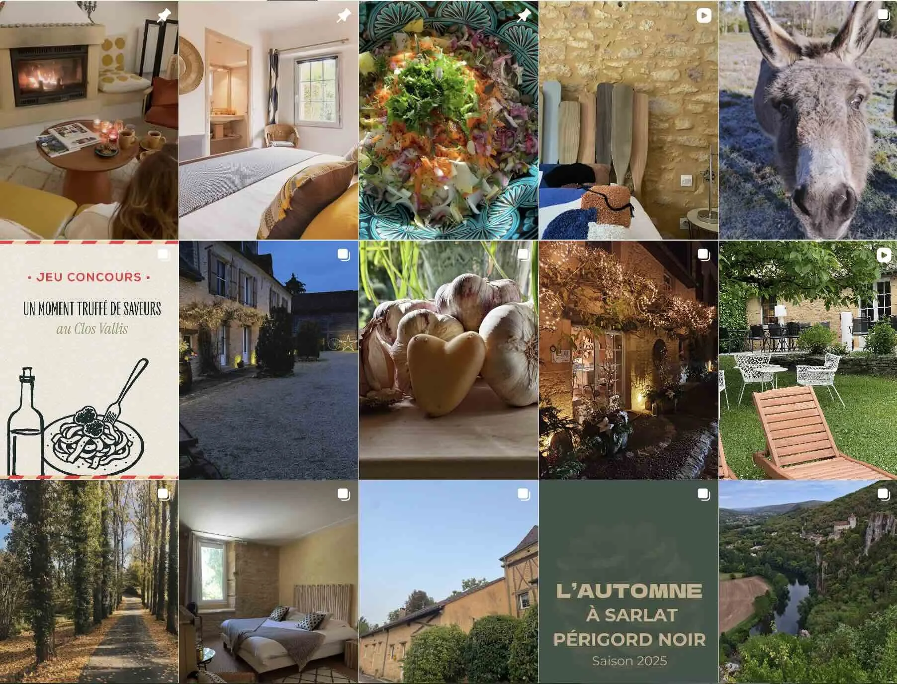Collage de plusieurs photos de paysages, intérieur, nourriture et animaux, avec un texte en français sur l'automne à Sarlat, Périgord Noir, saison 2025.