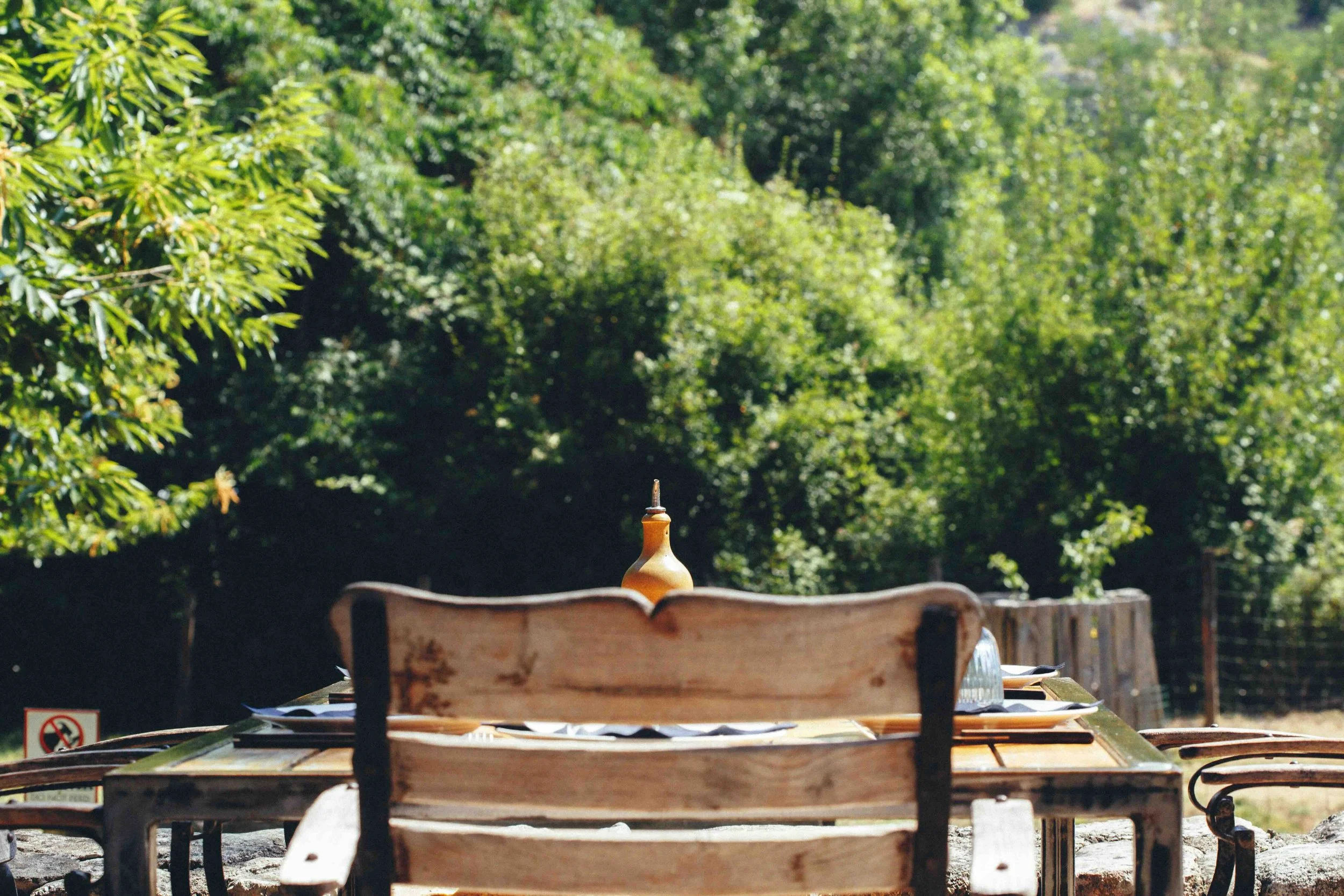 Table en bois avec assiettes, verres et bouteille d'huile, en plein air avec des arbres en arrière-plan.
