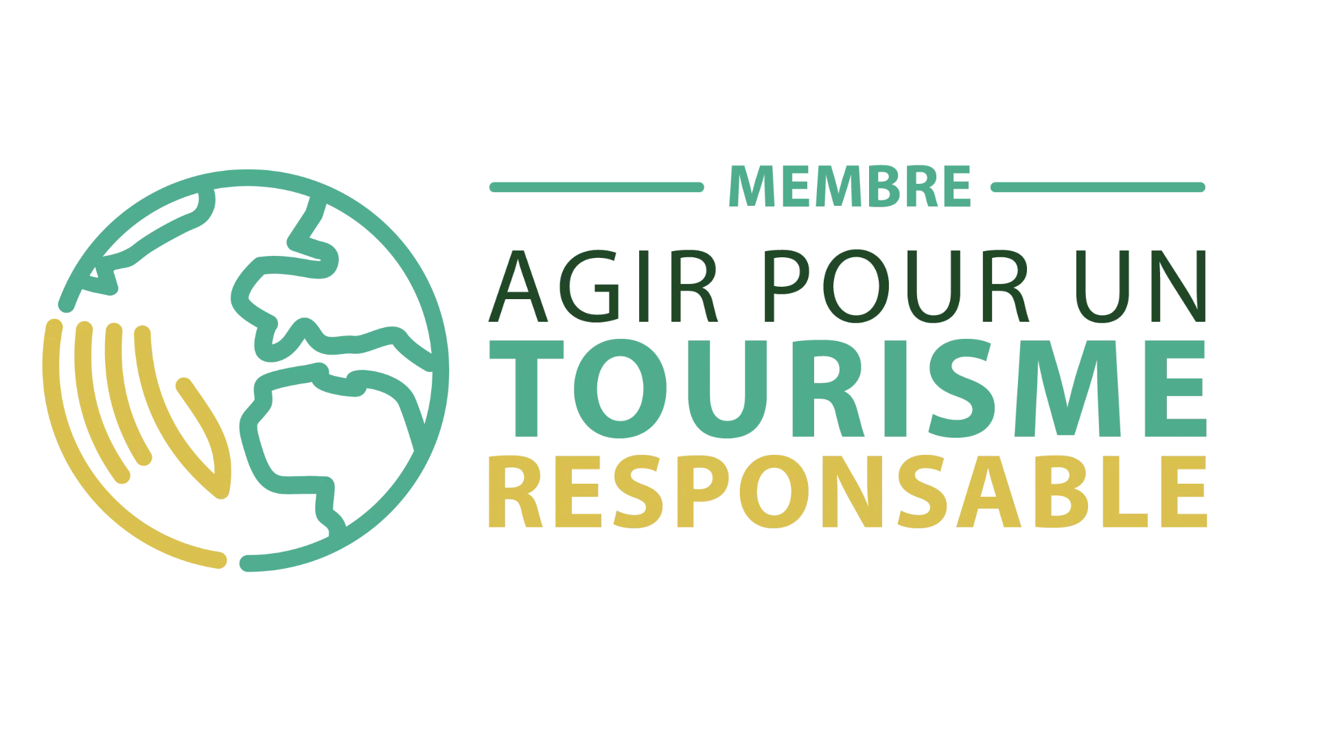 Logo avec une illustration de la planète Terre et des mains qui l'entourent, accompagnée du texte 'Membre agir pour un tourisme responsable'
