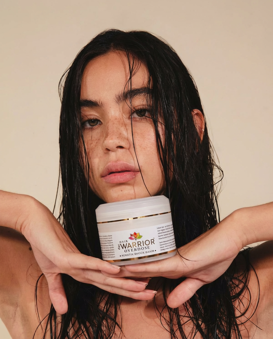 Young woman with wet, black hair holding a jar of hair mask labeled "Warrior Overdose."