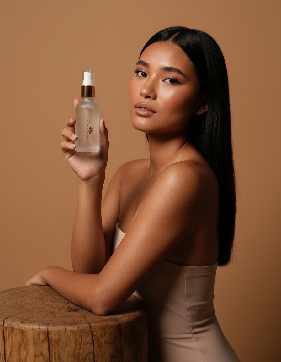 A woman with long black hair and light brown skin holding a frosted spray bottle with gold accents against a beige background.