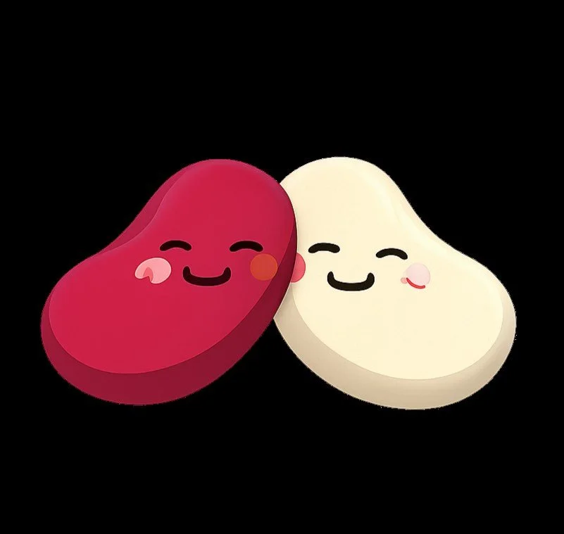 Sweet Beans logo: a red bean and a cream bean on a black background