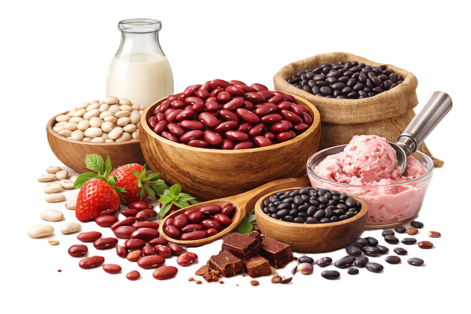 A variety of ingredients on a white surface, including strawberries, white and dark beans, chocolate pieces, pink sorbet in a glass bowl with an ice cream scoop, black beans in a burlap sack, and a glass bottle of milk.