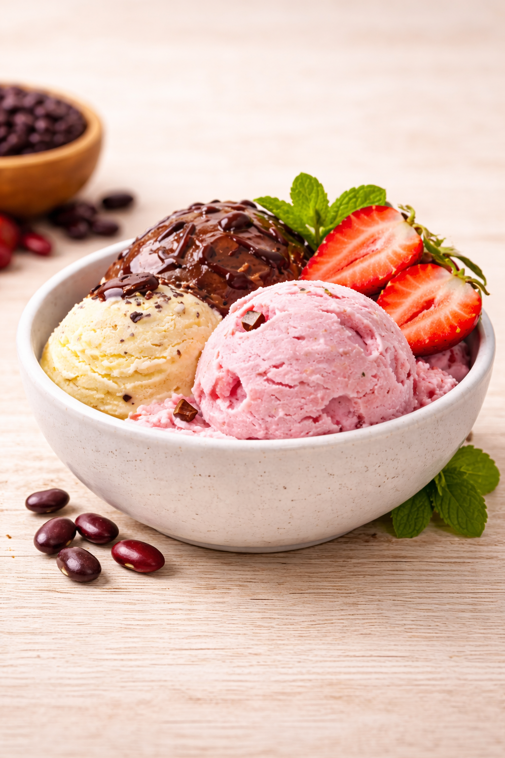 A white bowl containing three scoops of ice cream topped with strawberries and mint leaves, with a wooden table surface.