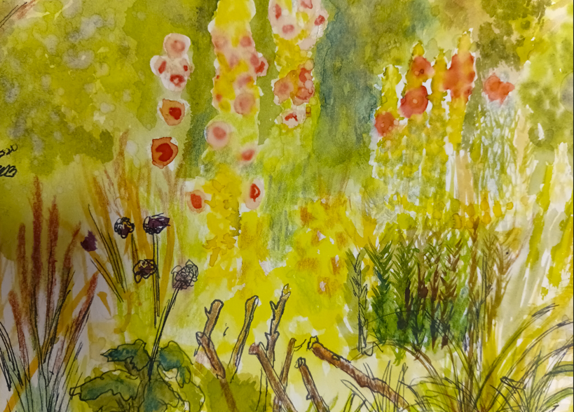 A painting by Carol Holland of the Mindspace garden in Stamford, UK