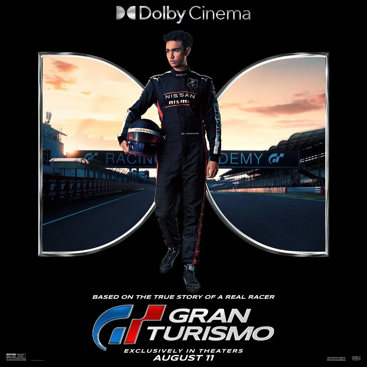 Movie poster for Grand Turismo featuring a racing driver holding a helmet, standing on a race track with a sunset sky in the background, and the text indicating it is based on a true story, with release date August 11.