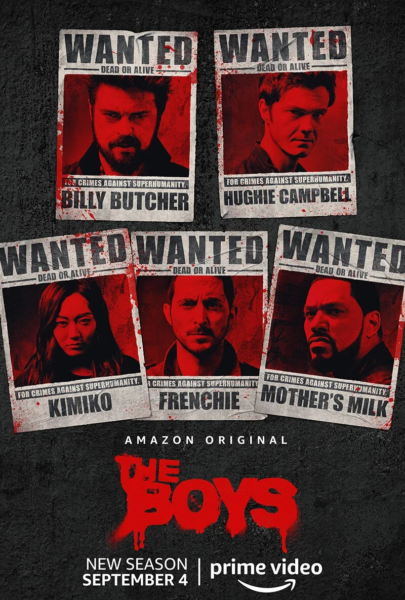Poster for Amazon Original series 'The Boys' featuring wanted photos with blood splatter for characters Billy Butcher, Hughie Campbell, Kimiko, Frenchie, and Mother's Milk, promoting new season premiering September 4 on Prime Video.