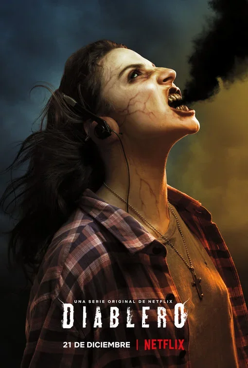 A woman with long dark hair, wearing a plaid shirt and a cross necklace, appears to be possessed or in a supernatural state, with lightning crackling on her face and smoke emanating from her mouth, against a cloudy sky background. Text at the bottom 