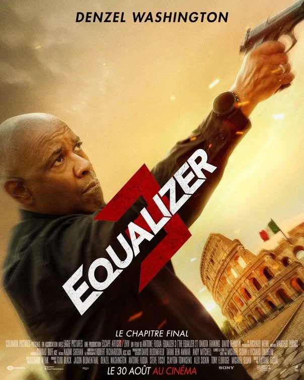 Movie poster for 'Equalizer' featuring Denzel Washington holding a gun, with a background of the Roman Colosseum and a sunset sky.