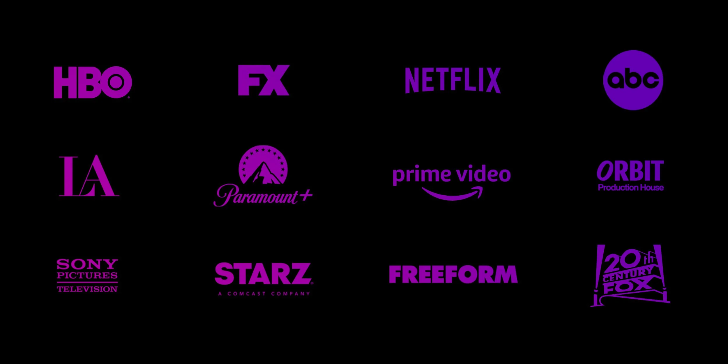 Logos of various entertainment and media companies, including HBO, FX, Netflix, ABC, LA, Paramount+, Prime Video, Orbit, Sony Pictures Television, STARZ, Freeform, and 20th Century Fox, all in purple on a black background.