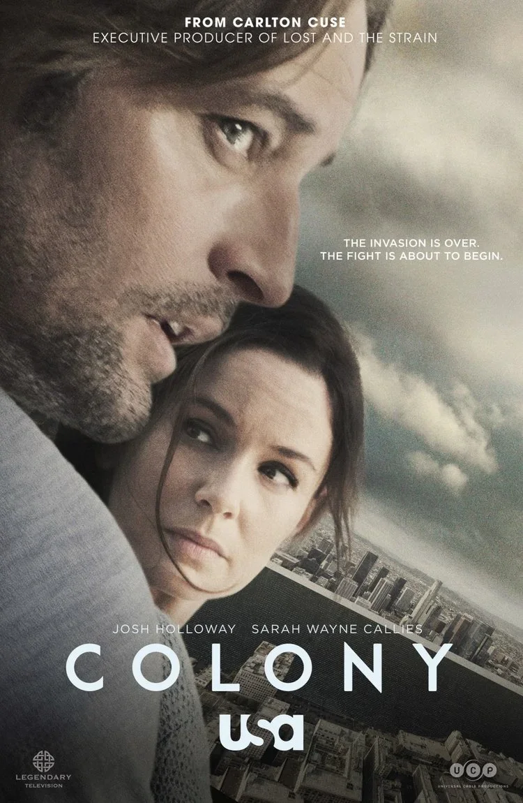 Promotional poster for the TV series 'Colony' featuring a close-up of a man and a woman with the city skyline and stormy sky in the background.