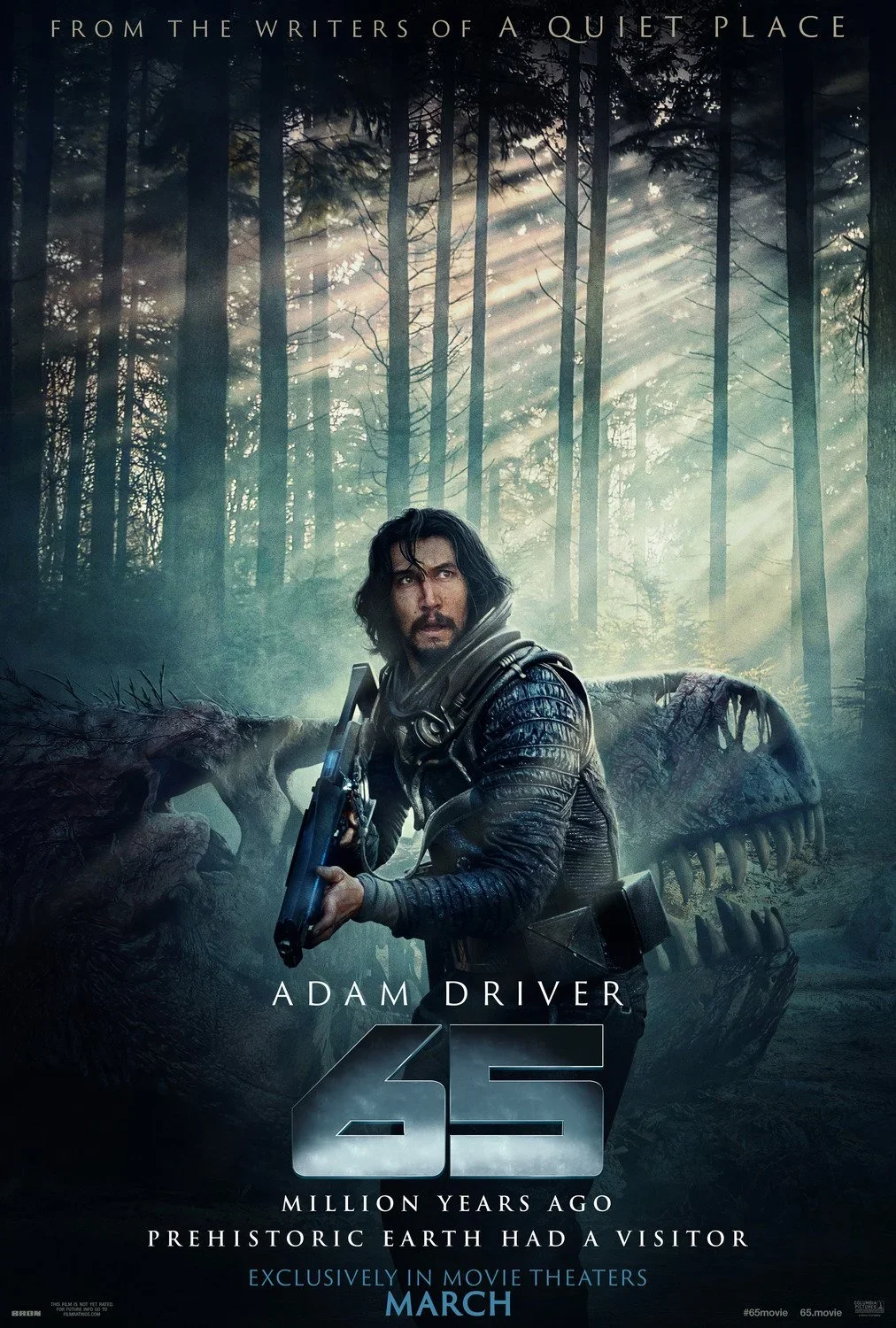 A promotional poster for the movie '65' featuring Adam Driver in a forest with sunlight filtering through trees. He holds a gun and has a serious expression. The background includes dinosaur skeletons and a prehistoric creature.