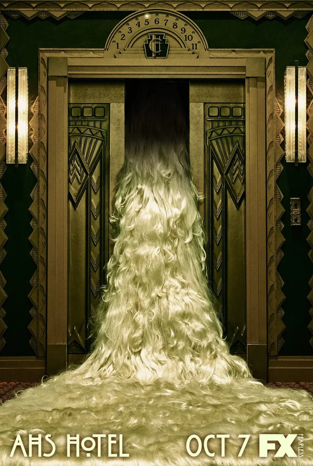 Luxurious hotel elevator with a long, flowing, curly blonde carpet resembling a dress, hanging as the elevator door opens. Art Deco style decor and lighting.