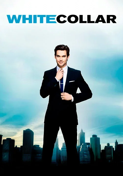 A man in a suit standing against a city skyline with a cloudy sky, with the text 'WHITE COLLAR' at the top.