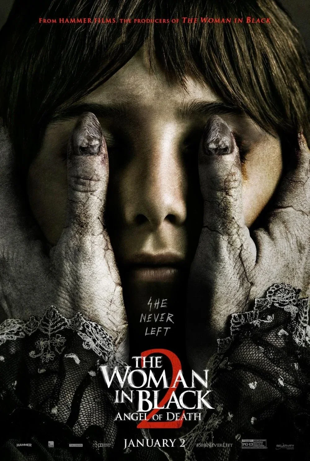 A promotional poster for the horror movie 'The Woman in Black 2: Angel of Death'. It features a close-up of a woman’s face with pale skin and dark hair, partly obscured by ghostly, discolored hands with cracked skin and jagged nails, pressing onto he