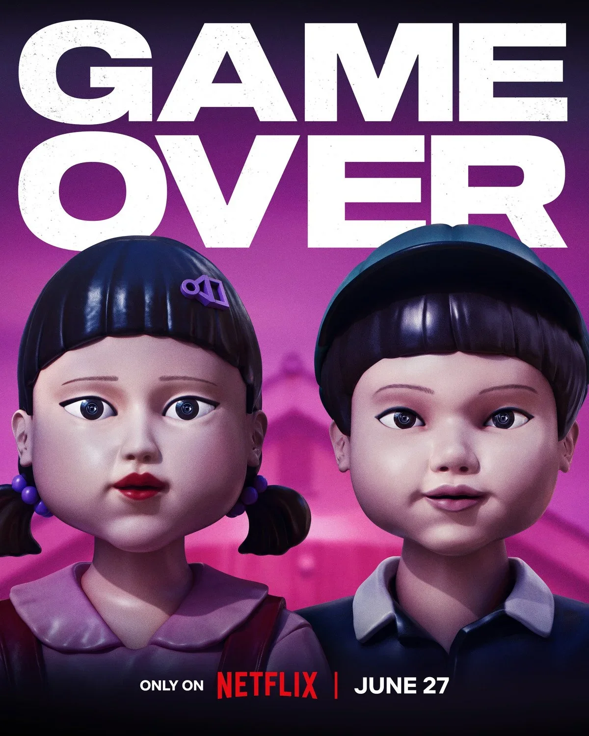 Promotional poster for the Netflix series 'Game Over' featuring two animated children with stylized features, one girl with pigtails and one boy, against a pink and purple background with the Netflix logo and release date June 27.
