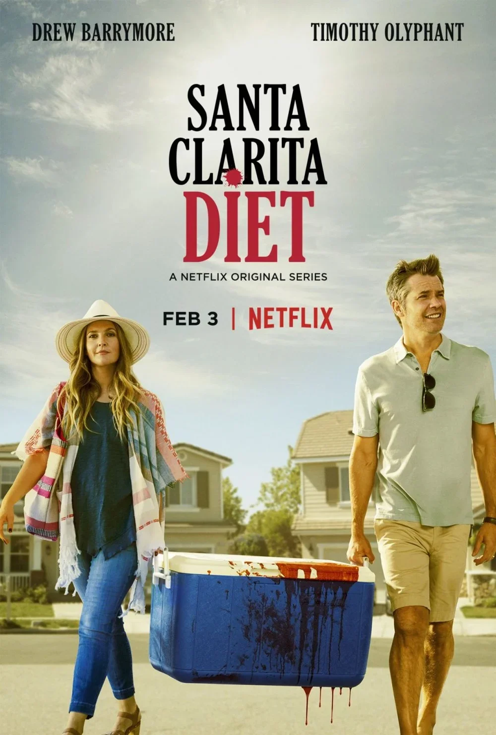 Promotional poster for the Netflix series "Santa Clarita Diet" featuring two characters walking, one woman wearing a hat and holding a cooler with bloodstains, and one man smiling, with houses in the background.