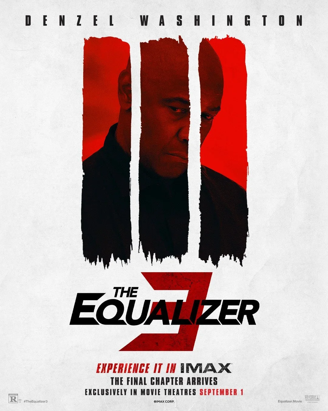 Movie poster for 'The Equalizer 3' featuring a close-up of Denzel Washington's face with a serious expression, divided into three vertical sections with red and black hues, and text indicating the release date of September 1.