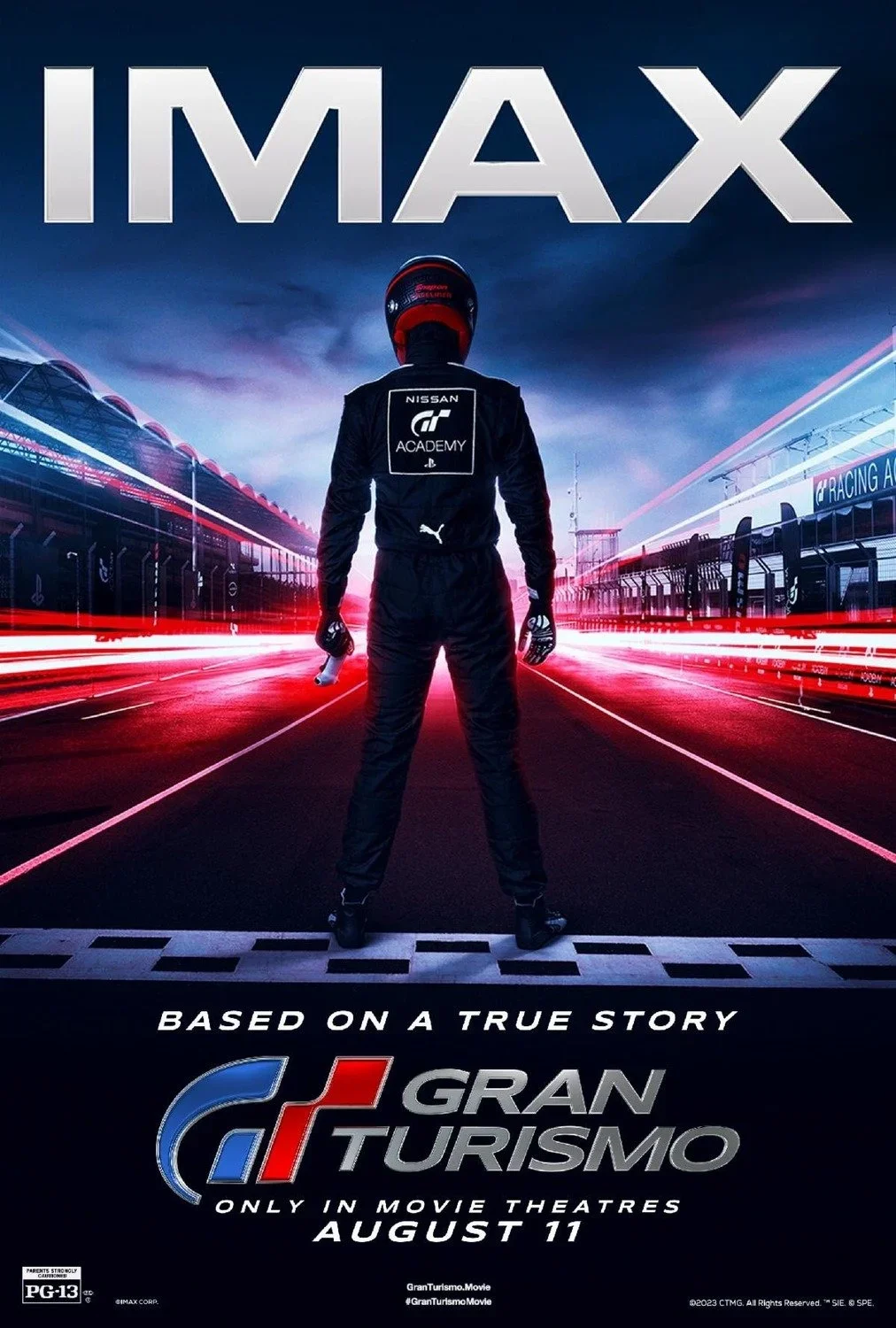 Promotional poster for the movie "Gran Turismo" featuring a race car driver in racing gear holding a helmet, standing on a race track with a stylized background and the IMAX logo at the top. The poster includes the release date August 11 and indicate