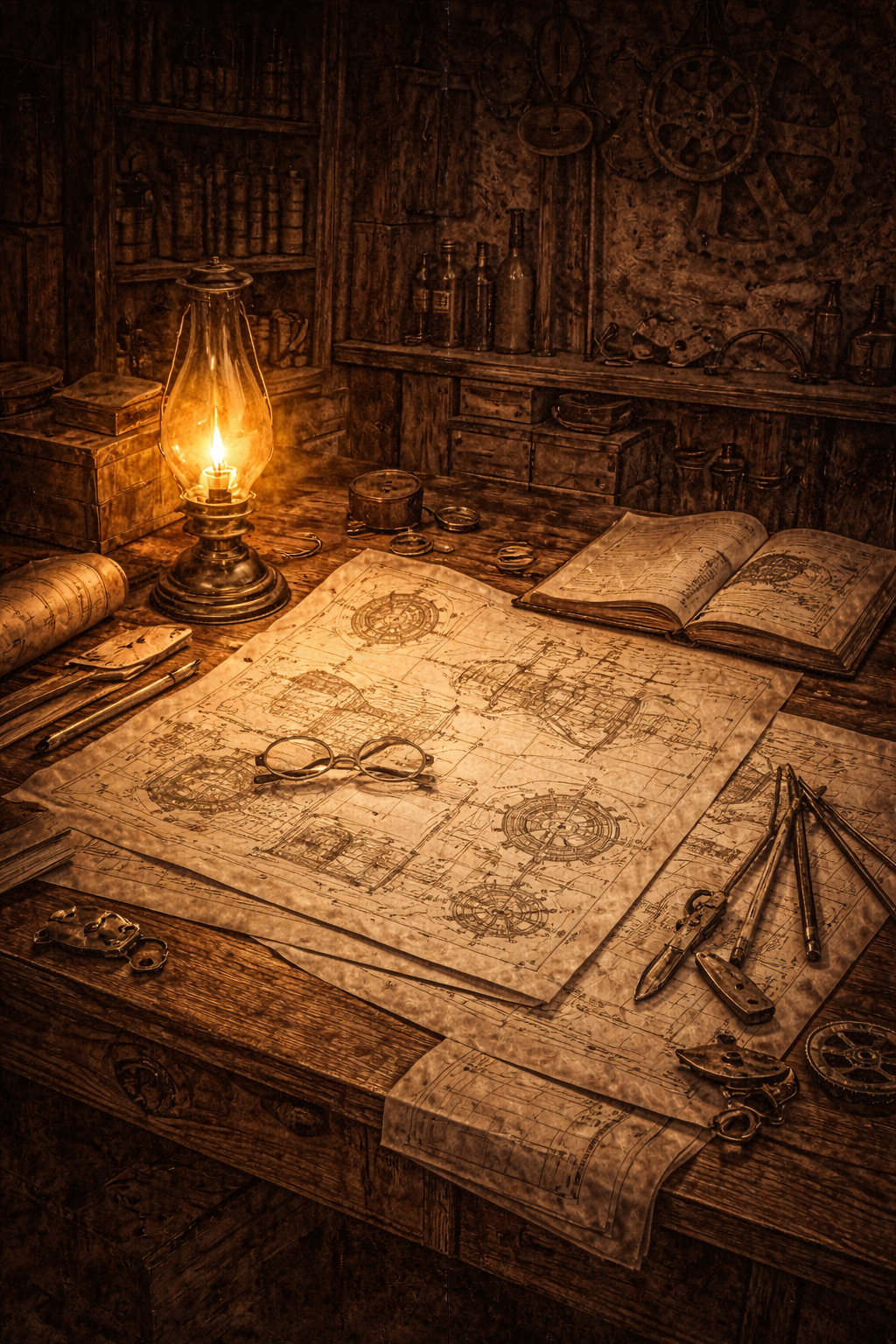 Une vieille table en bois avec des plans techniques, des pinceaux, et des lunettes, éclairée par une lampe à pétrole, dans une pièce remplie de livres et d'objets anciens, évoquant un atelier d'ingénieur ou d'archéologue.
