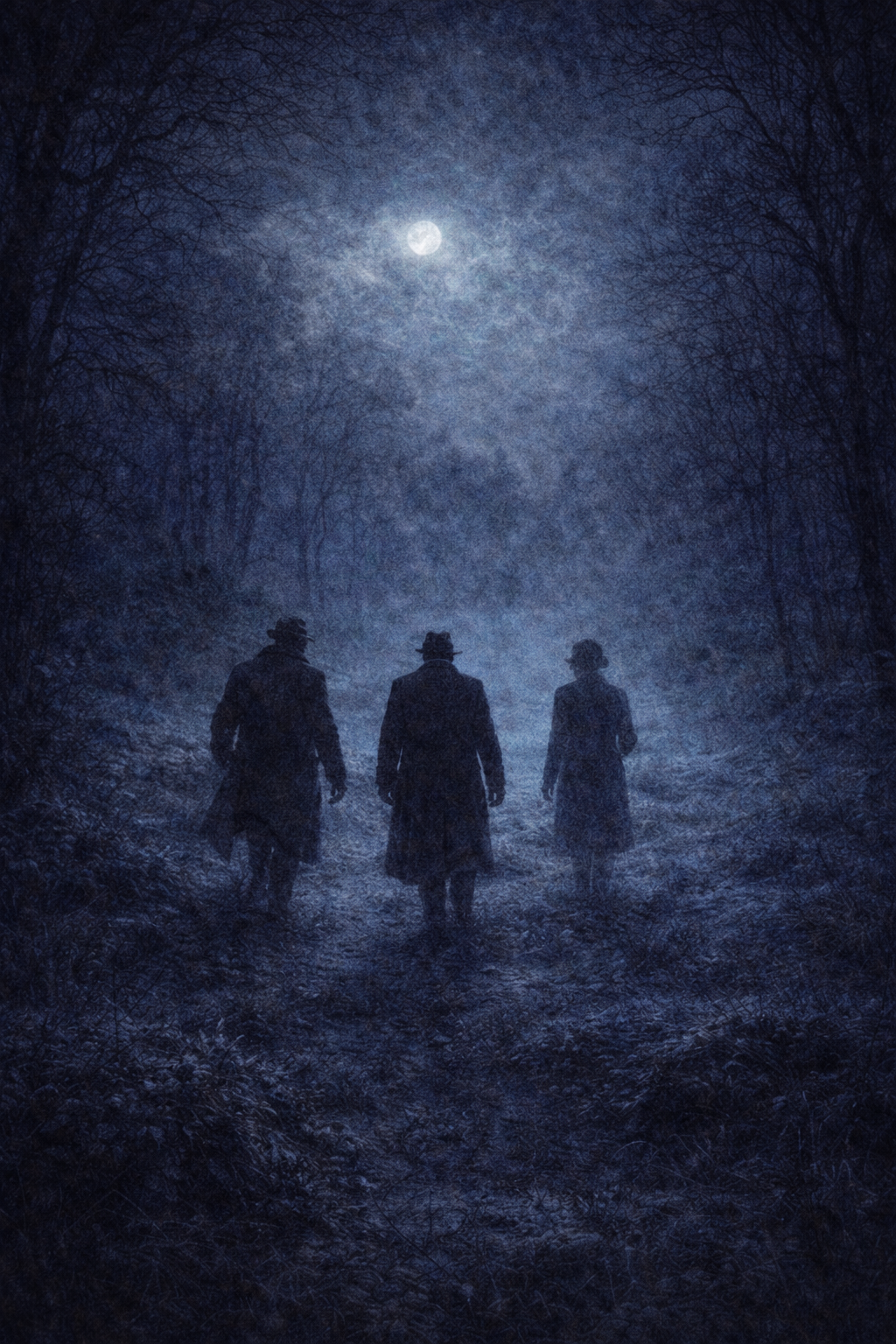 Trois personnes marchent dans une forêt sombre sous la lumière de la pleine lune, créant une atmosphère mystérieuse et inquiétante.