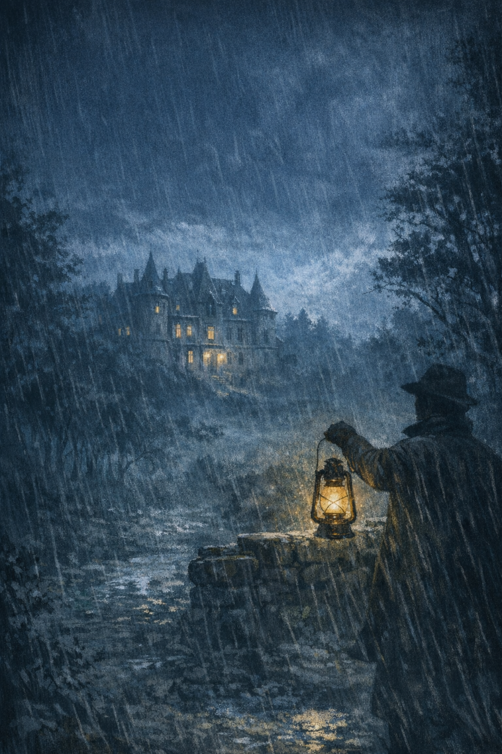 Un homme tenant une lampe à pétrole à la nuit sous une pluie battante, face à un château éclairé au loin dans un paysage sombre et pluvieux.