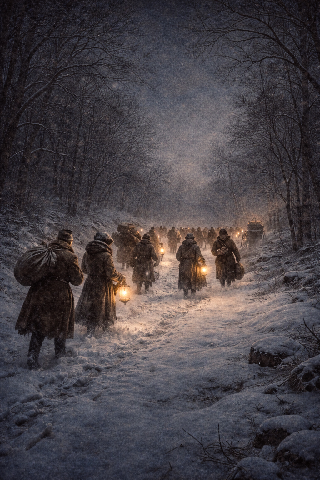 Groupe de personnes marchant dans la neige avec des lanternes dans une forêt enneigée la nuit.