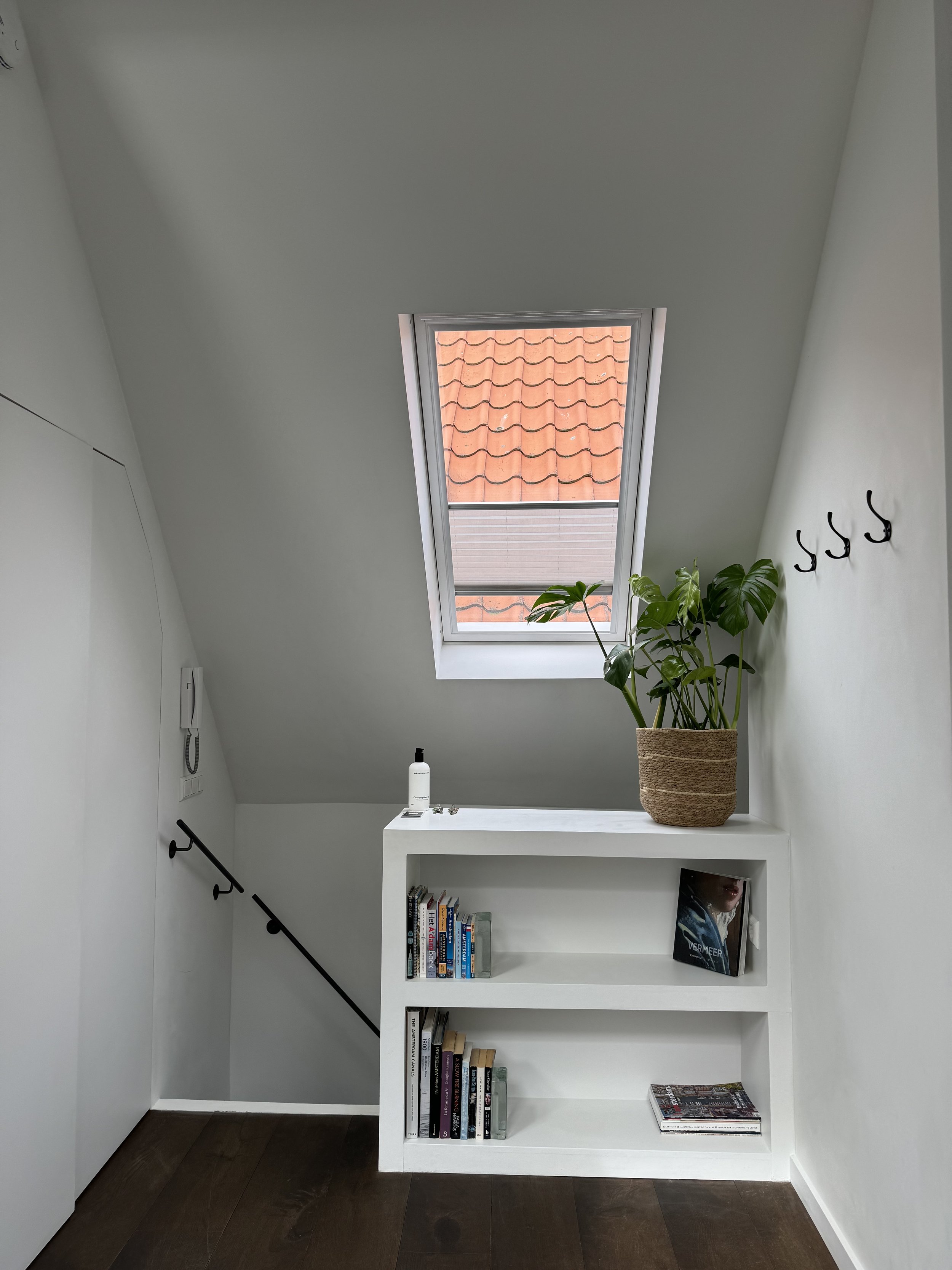 A small attic corner with white walls, dark wooden floor, and a sloped ceiling with a skylight window. There is a white bookshelf with books and a magazine, a potted plant, a small bottle of lotion, and a pair of earrings on top. Three black hooks ar