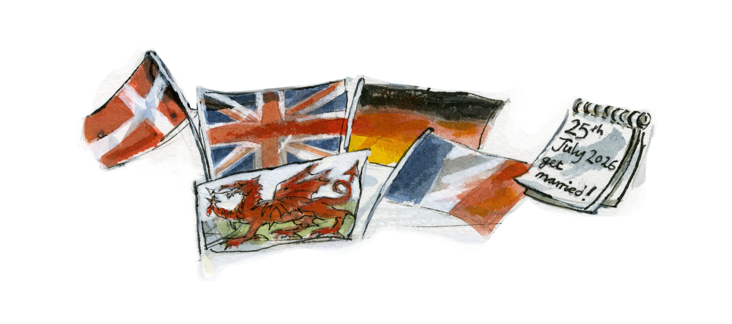 Watercolor painting of British and Welsh flags, a dragon emblem, and a calendar page with the date '25th July 2016' and the words 'get married!'