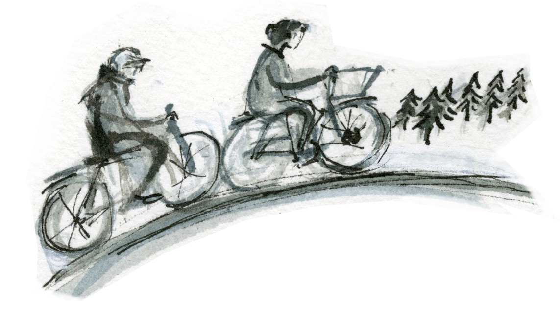 Two people riding bicycles on a path through a forested area with trees in the background, illustrated in a grayscale watercolor style.