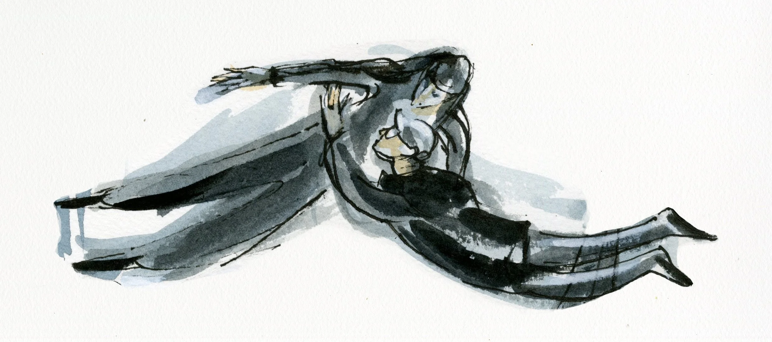 A watercolor painting of a woman with long dark hair, wearing glasses and a black top, lying on her stomach on a light-colored surface, with her head resting on her hand and a thoughtful expression.