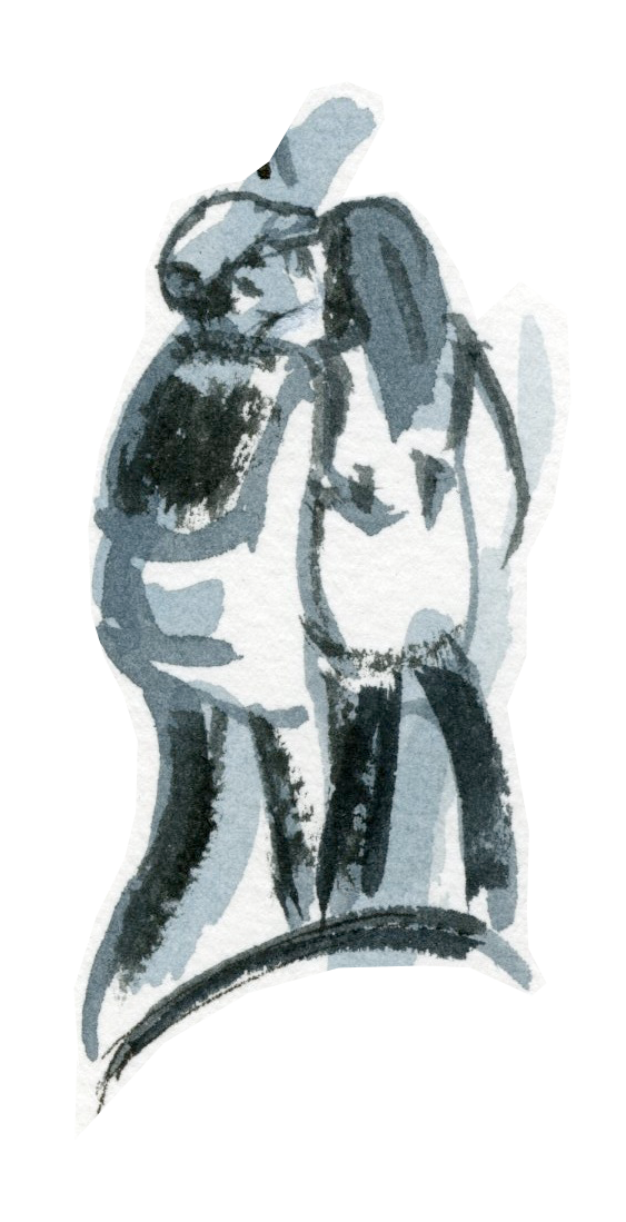 Watercolor illustration of a woman with a backpack, standing and looking to the side.