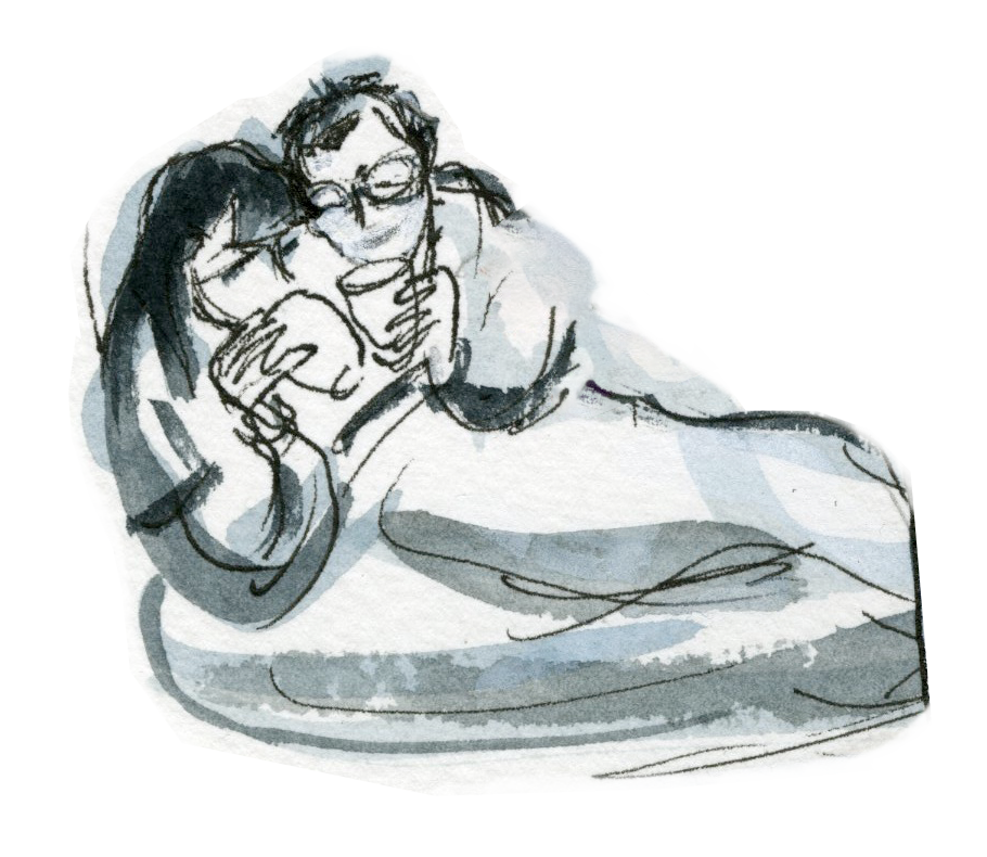 A sketch of a couple lying together, with the person on the left wearing glasses and holding a phone, and the person on the right wearing glasses and smiling, both appearing relaxed and happy.