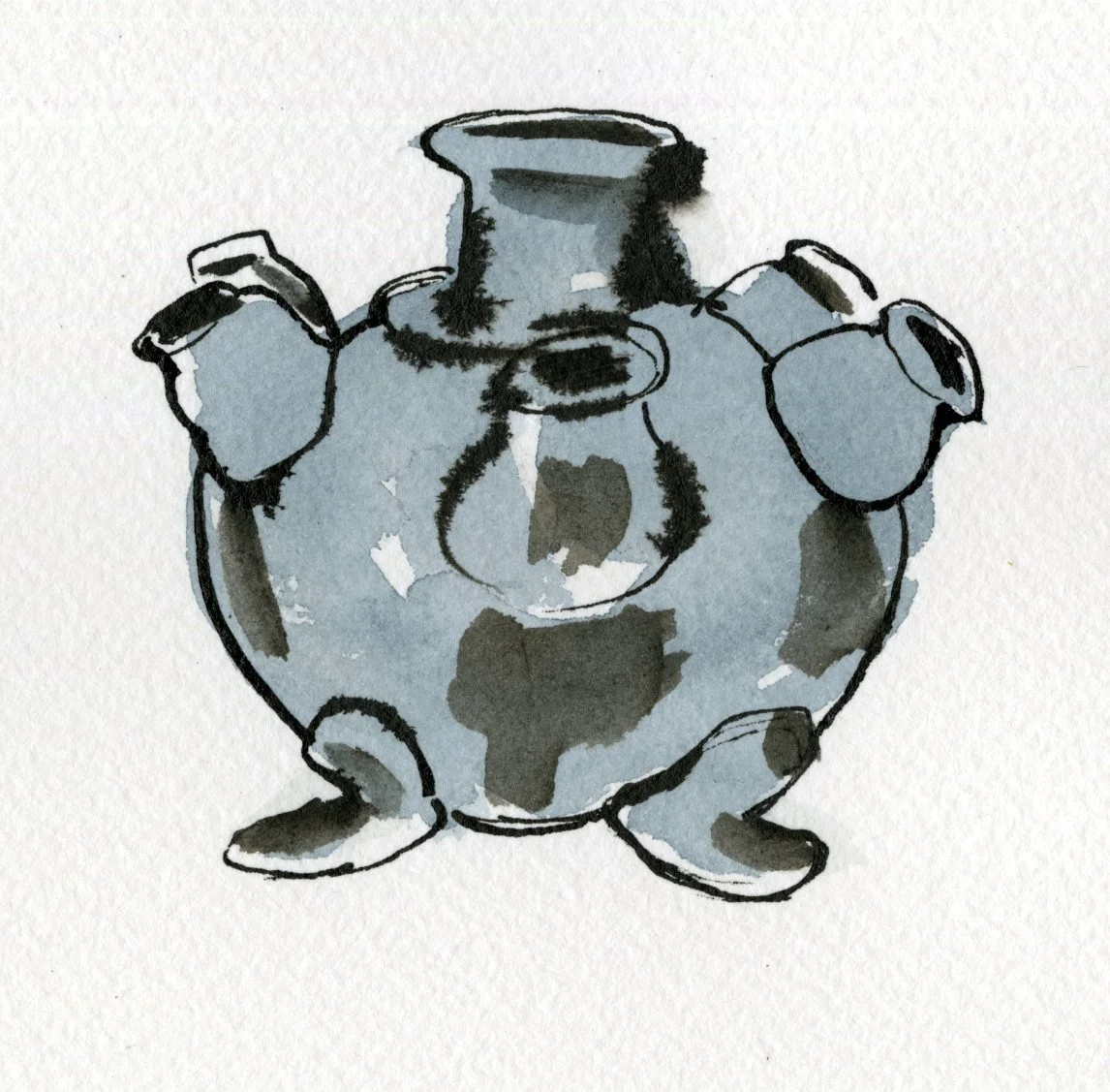 Watercolor drawing of a small, round ceramic teapot with four handles and a spout.