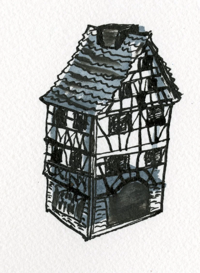 Sketch of a historic half-timbered house with a steep, shingled roof, wooden beams, and small windows.