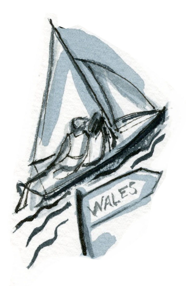 Sketch of a sailboat with a bee on it, labeled 'Wales'.